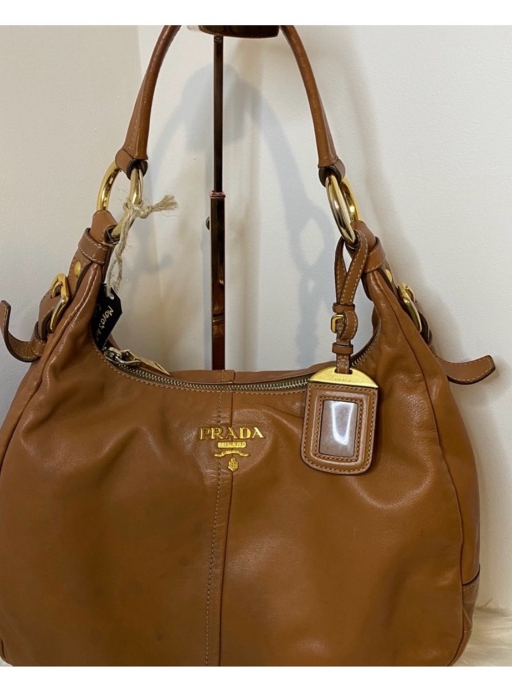 Prada Tan Leather Shoulder Bag with Gold Hardware